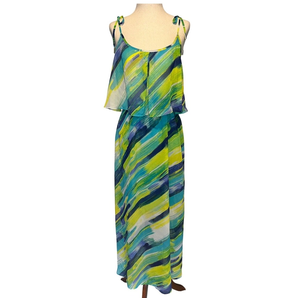 Calvin Klein Women 10 Maxi Dress Semi Sheer Blue Green Watercolor Resort Chiffon